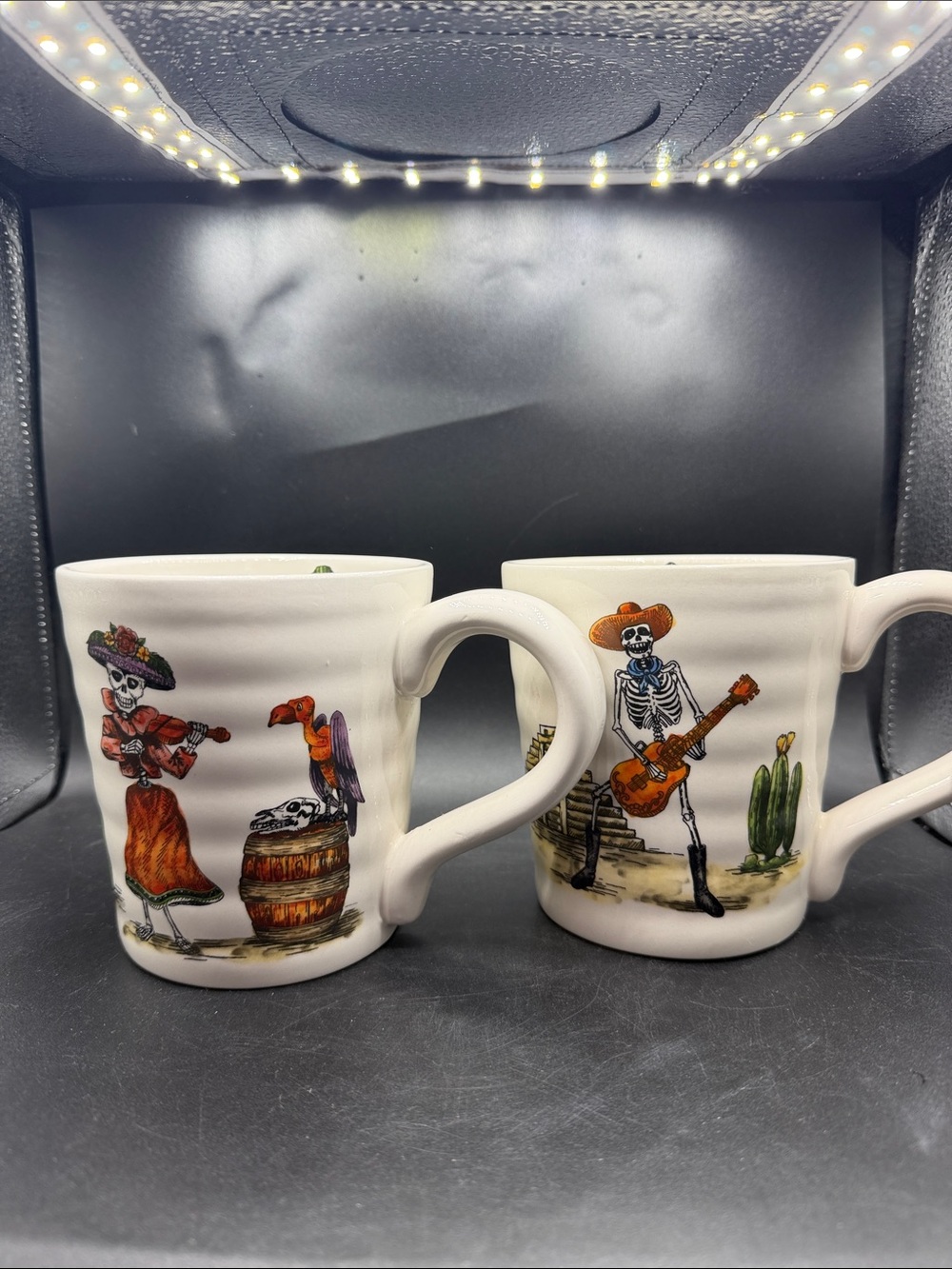 White Ceramic Day of the Dead Skeleton Mug with Colorful Illustration set of 2